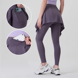 Pantalones deportivos de Yoga con falda falsa para mujer, leggings deportivos de dos piezas, cruzados de realce, cintura alta, ajustados