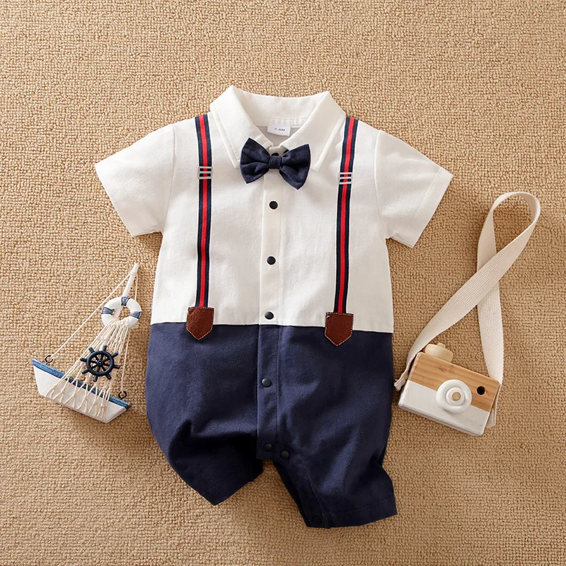 Summer newborn short sleeved jumpsuit, gentlemanly bow, male baby suspender, party party party, pure cotton, comfortable and bre