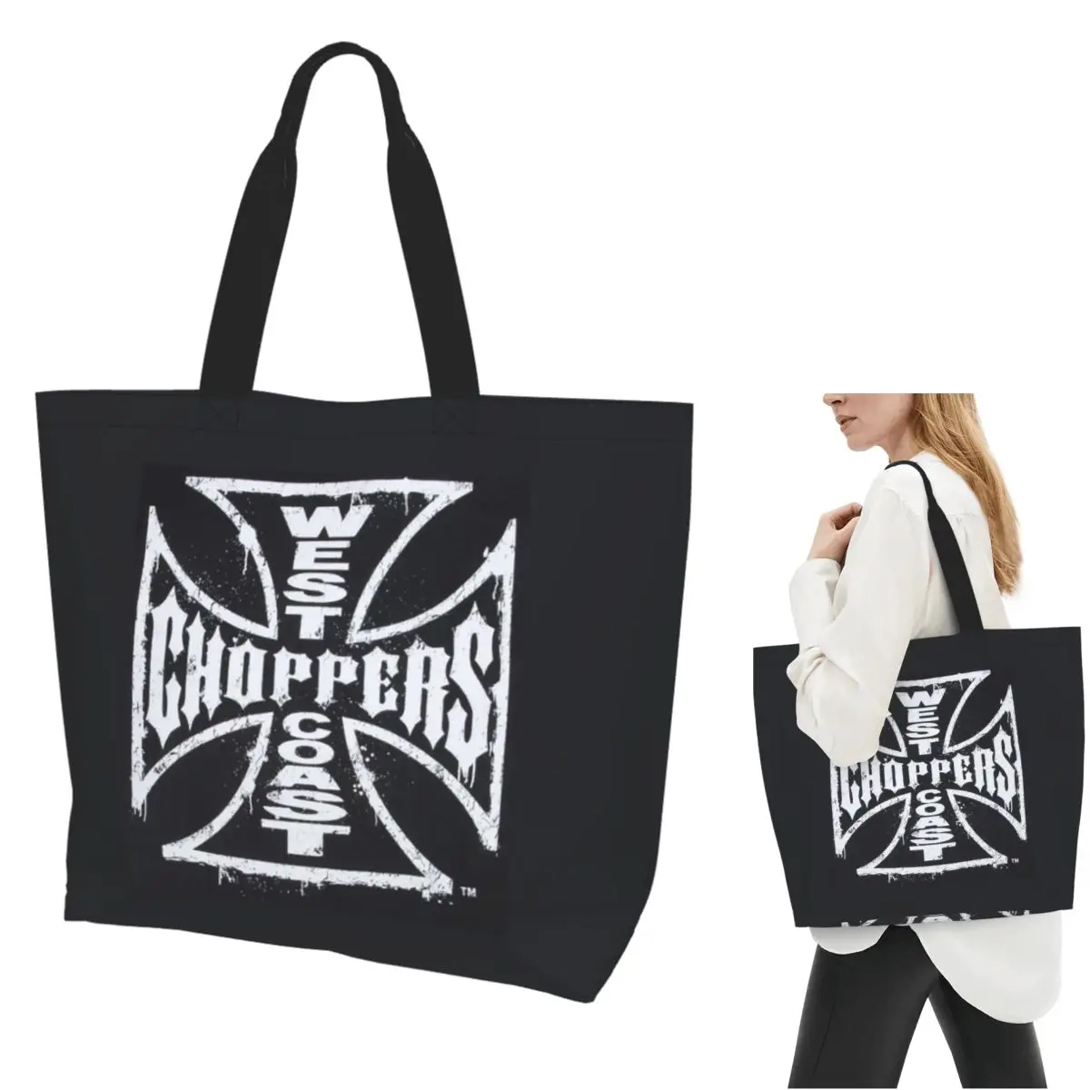 West Coast Iron Cross Choppers Shopping Tote Bag Canvas Large Capacity Shoulder Bags Shopper Grocery Handbag for Women