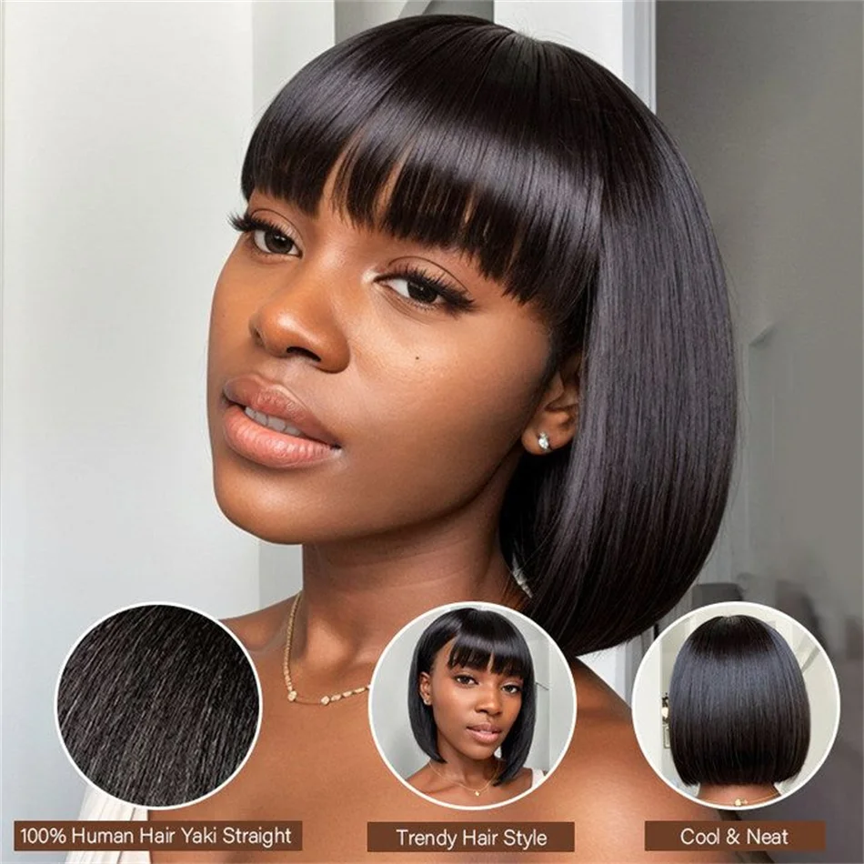 

Short Bob Wig With Bangs Brazilian Straight Human Hair Wigs Cheap Fringe Wig Full Machine Made Wig For Women Remy Hair Wig Sale