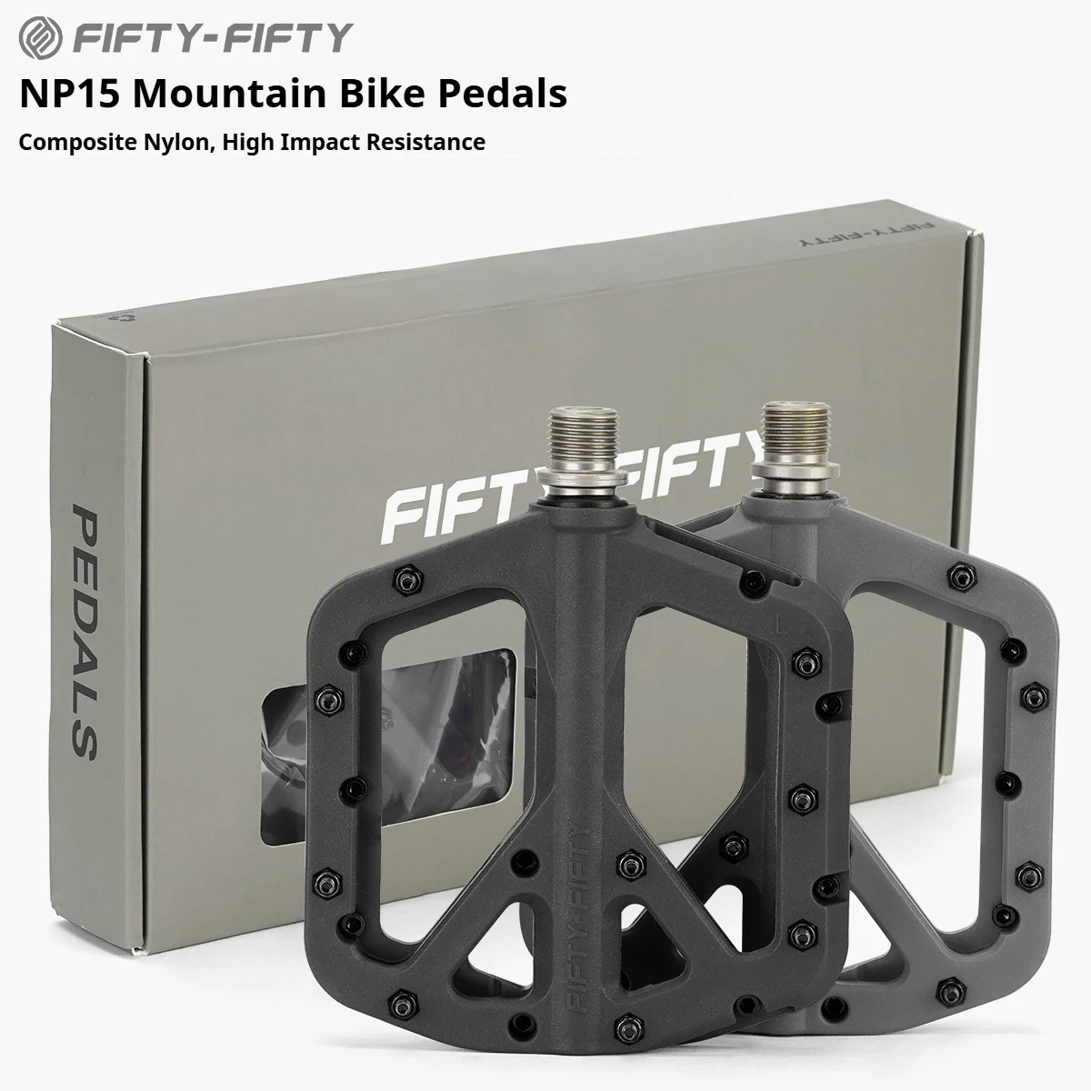 Fifty-Fifty Bike Flat Pedals, Composite Nylon Oversized Platform, Anti-Slip & Impact Resistant, Fits XC, AM, DH & Enduro MTBs