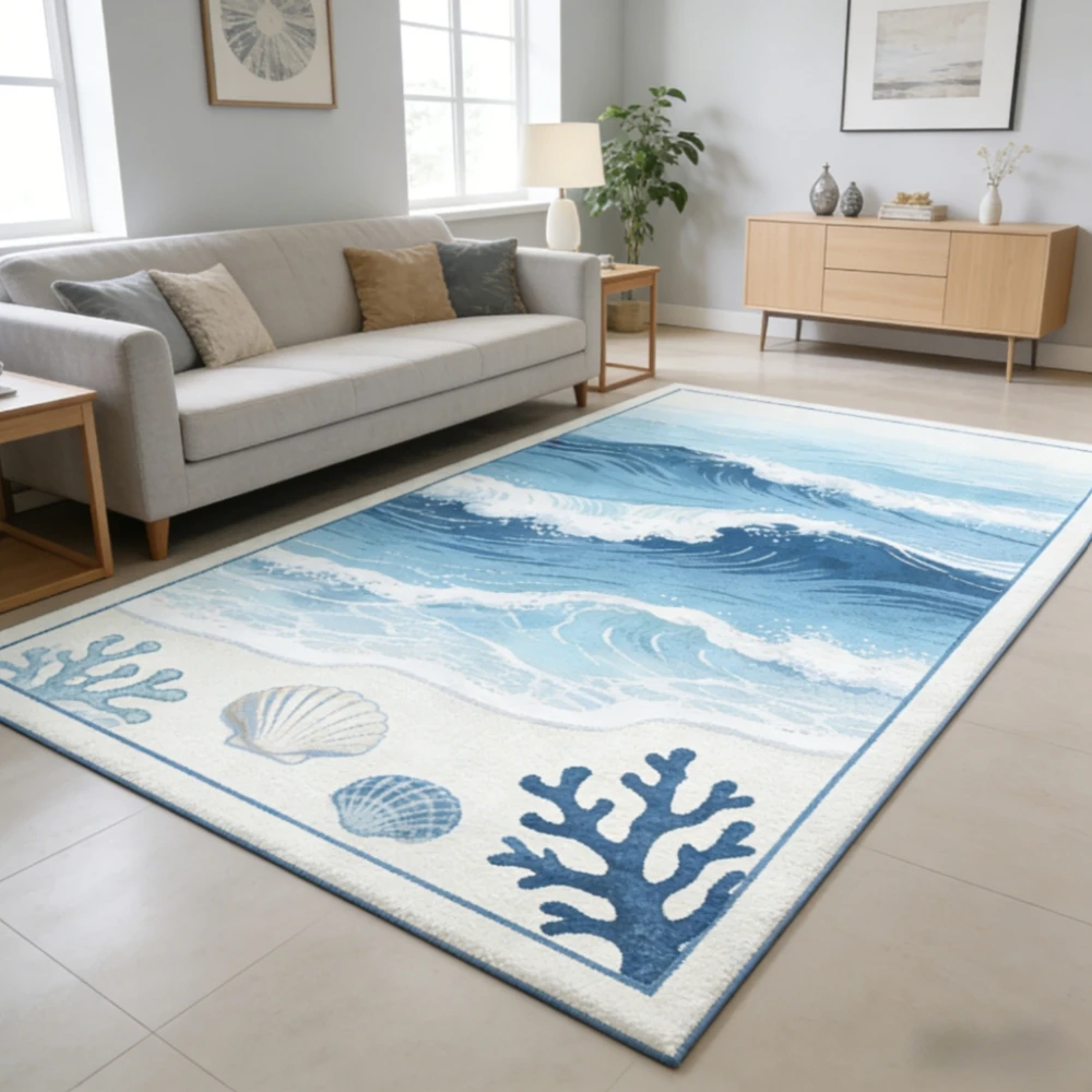 2D Flat Ocean‑Wave‑Shell‑Coral Pattern Rug, Non‑Slip Washable Mat for Living Room Bedroom Hallway Indoor Decor