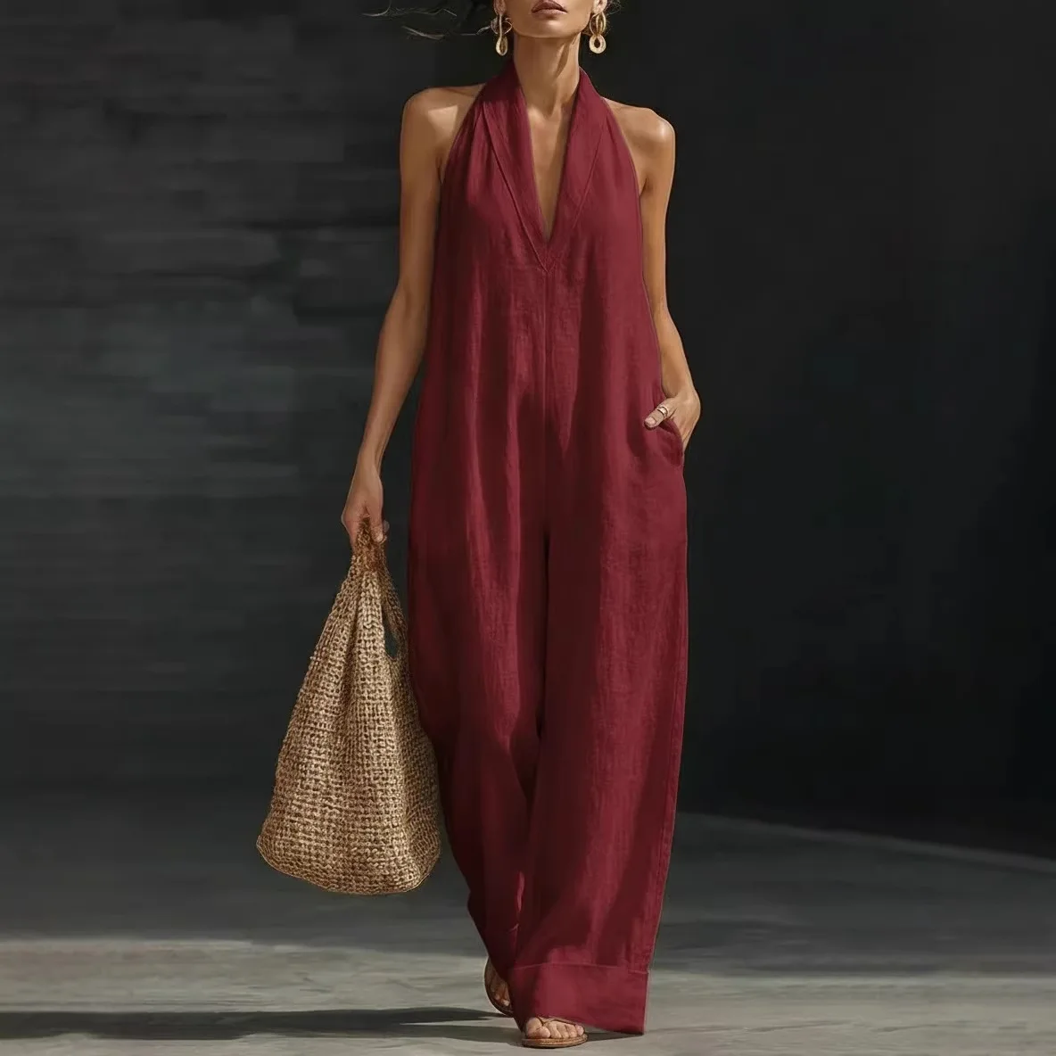 

Women's White Halter Jumpsuit Deep V Neck Sleeveless Wide Leg Cuffed Hem Pocketed Boho Resort Casual Summer Y2K Chic