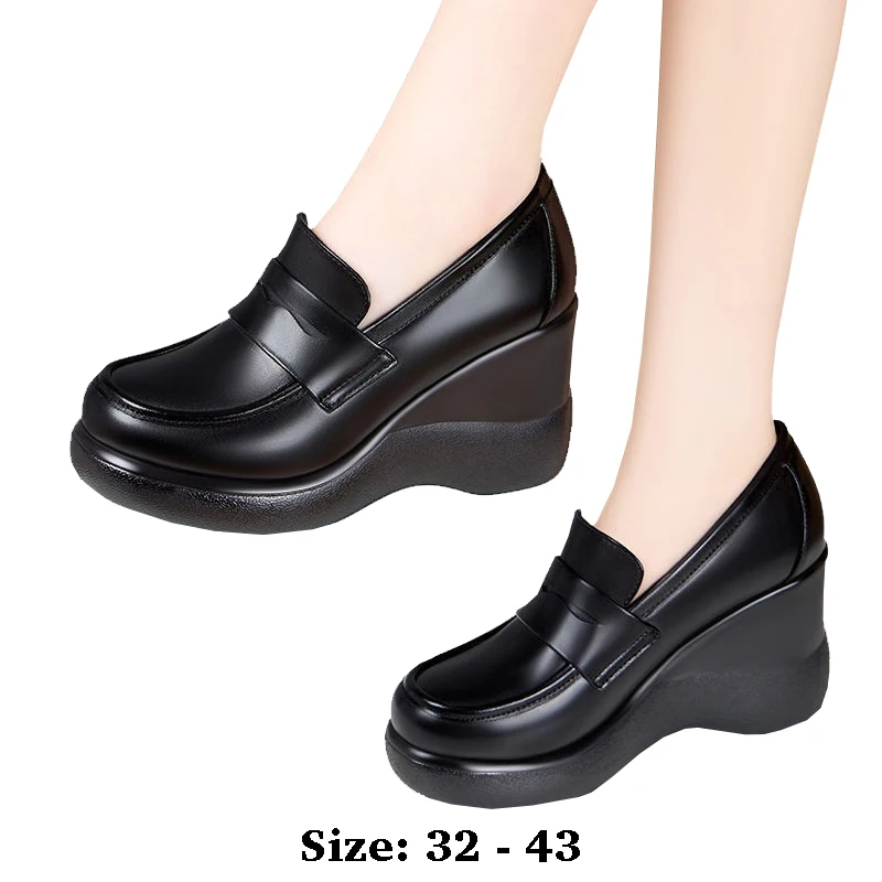 

high quality leather wedge shoe for women 9cm high heel platform point toe 32 33 43 elegant and fashion autumn winter shoe black