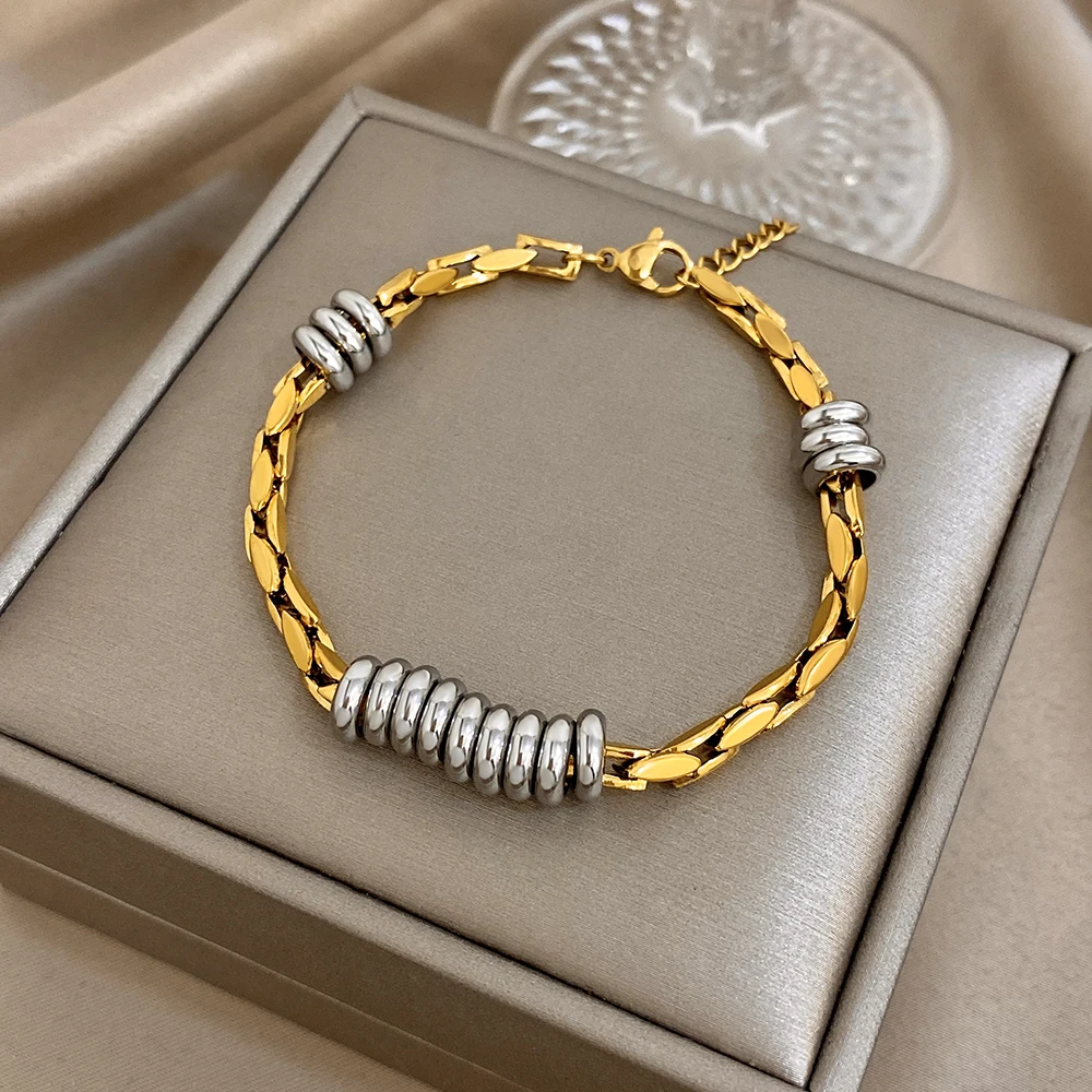 Pulsera de cadena geométrica con cuentas de círculo hueco regordete para mujer, pulseras de acero inoxidable chapadas en oro a la moda, joyería impermeable