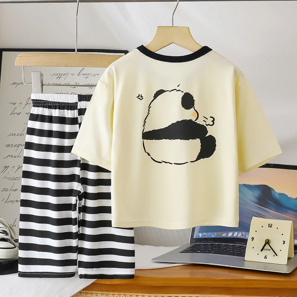 

New 2025 Boys Girls Cute Cartoon Print T-Shirt Tops + Striped Pants Kids Summer Thin Clothing Sets Baby Loose Pajamas Loungewear