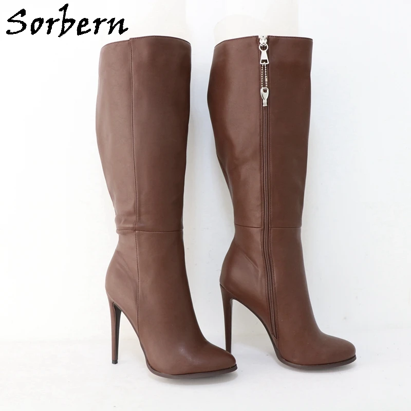 Sorbern Custom Knee High Boots Women Lockable Zipper Winter Unisex Style Cute Round Toe Stilettos High Heel Big Size Eu33-48