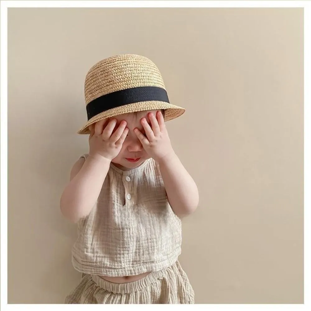 

Beach Wear Japanese Style Kids Straw Hat Round Top Plaited Straw Kids Sun Cap Sun Protection Children Sun Hat Children Outdoor