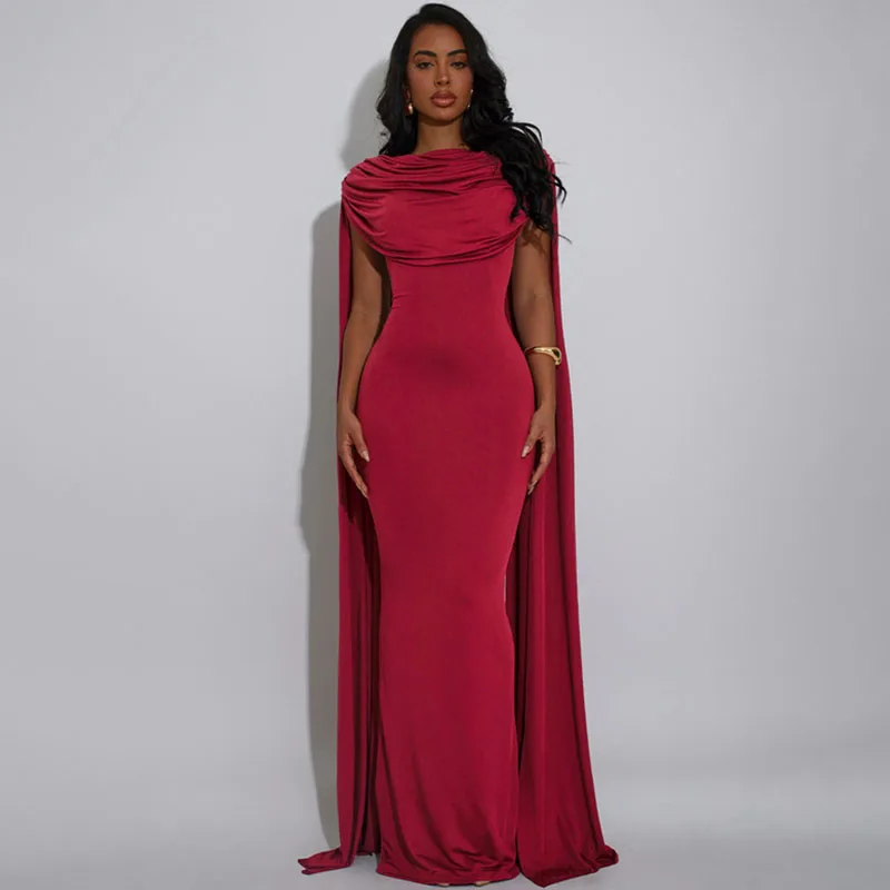 Doyerl Sexy Backless Evening Dresses for Women Elegant Celebrity Night Club Fly Sleeve Ruched Party Prom Bodycon Maxi Dress Robe