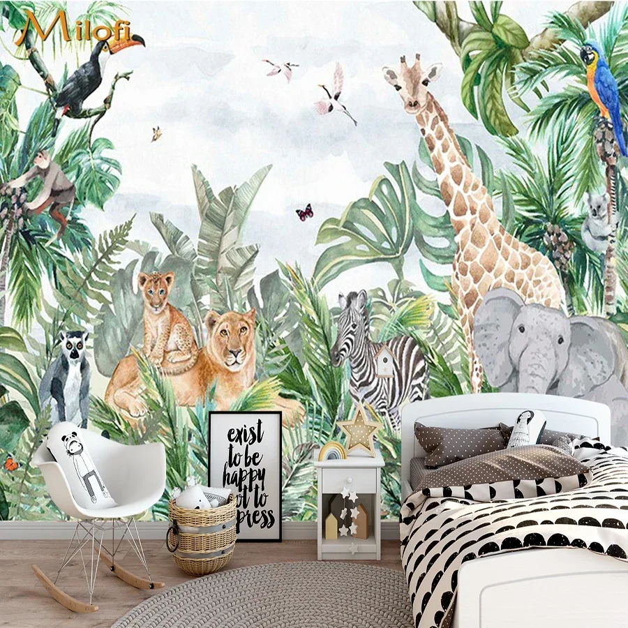 Milofi Professional 3D Hand-Painted Wallpaper Mural Nordic Forest Animal Illustration Children's Room Home Decor Wall Art