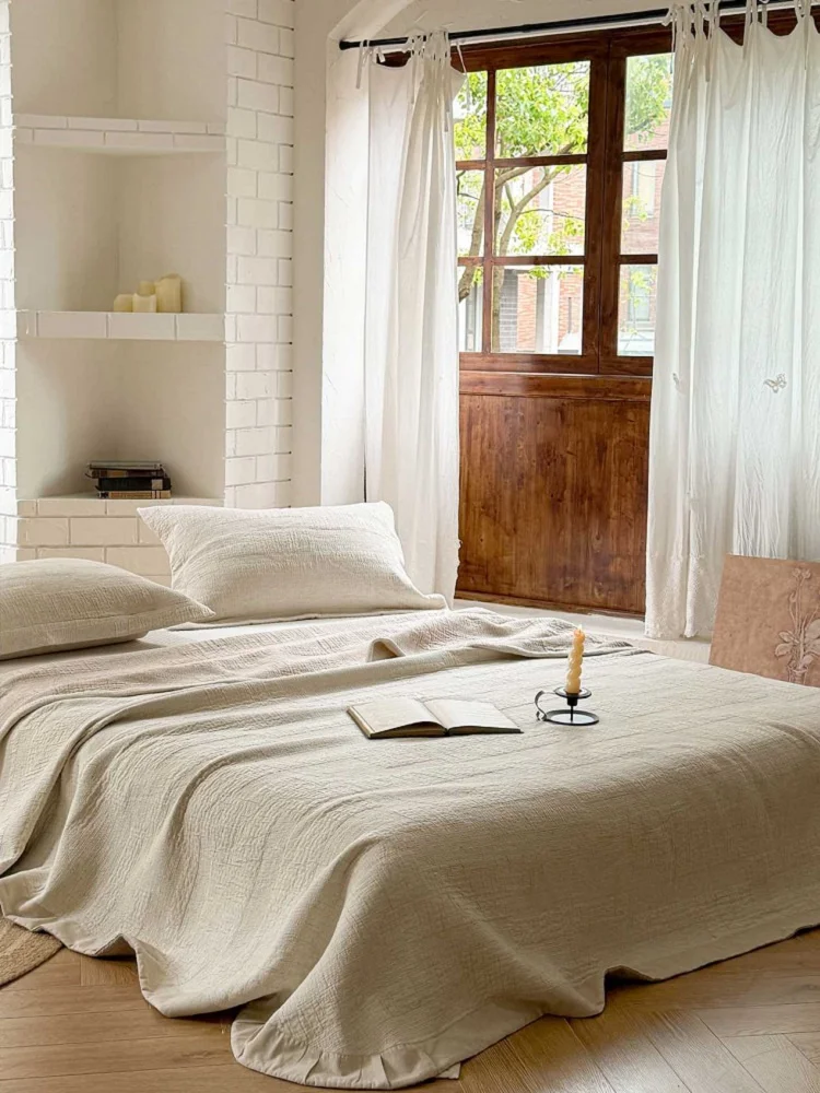 Luxury Cotton Linen Bedspread Set 3-Pieces, Retro Enzyme Washed Bed Cover, All-Season Lightweight Coverlet, Ultra Soft Sheet