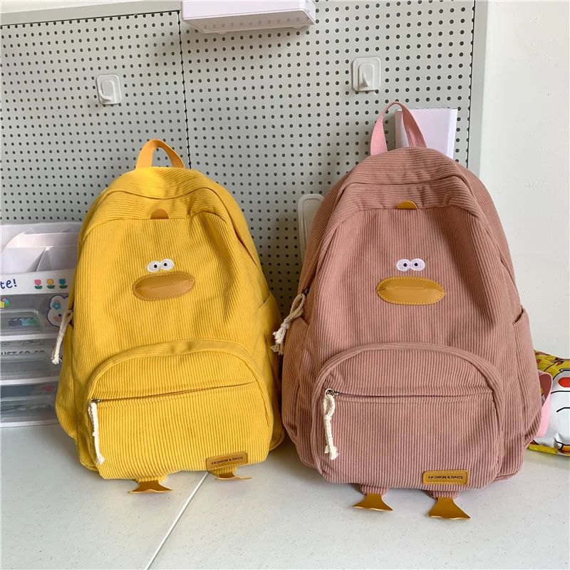 Zaino Cartoon Duck Zaino estetico Kawaii Zaino scolastico multitasche in velluto a coste Zaino da viaggio per ragazze adolescenti Donne