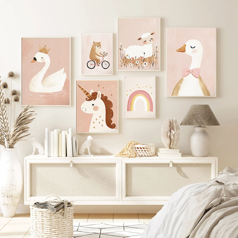 Princess Rainbow Unicorn Castle Crown Swan Wall Art Canvas Painting Poster Quote Nursery Print Pictures For Girl Kids Room Decor