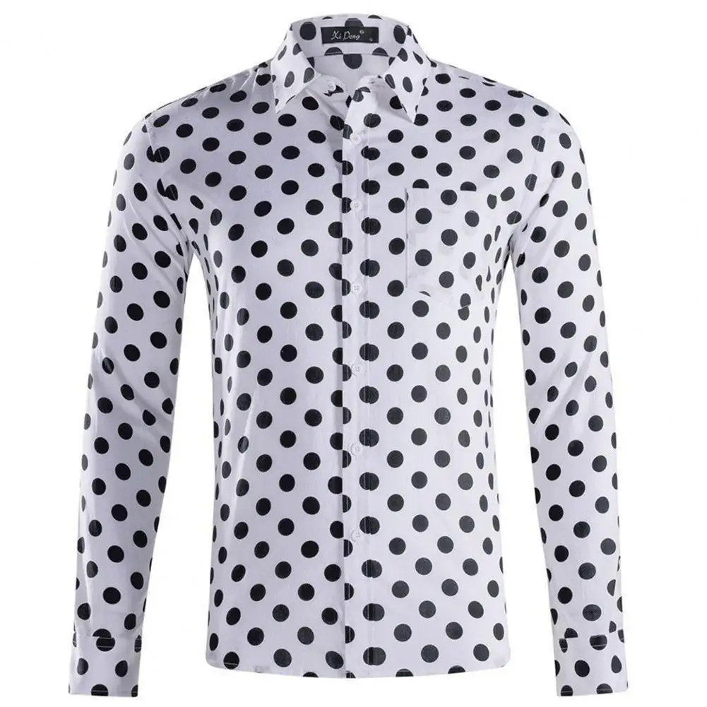 

Men Dot Shirt with Chest Pocket Men Single-breasted Top Men's Slim Fit Dot Print Cardigan Shirt with Lapel Long for Casual
