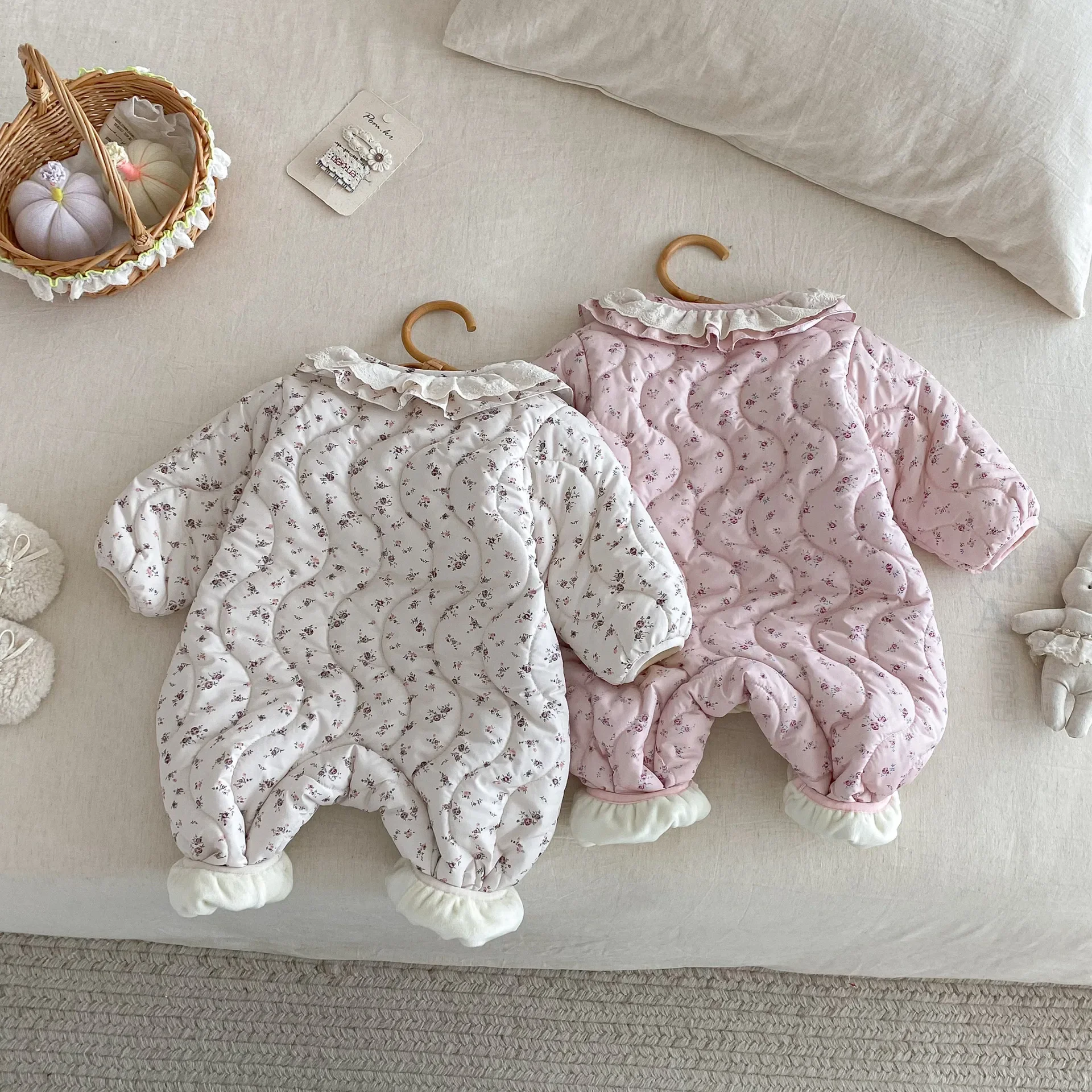 خمر الأزهار الطفل رومبير الدانتيل طوق الشتاء سميكة القطن مبطن الوليد بذلة 0-2Y الملابس #4