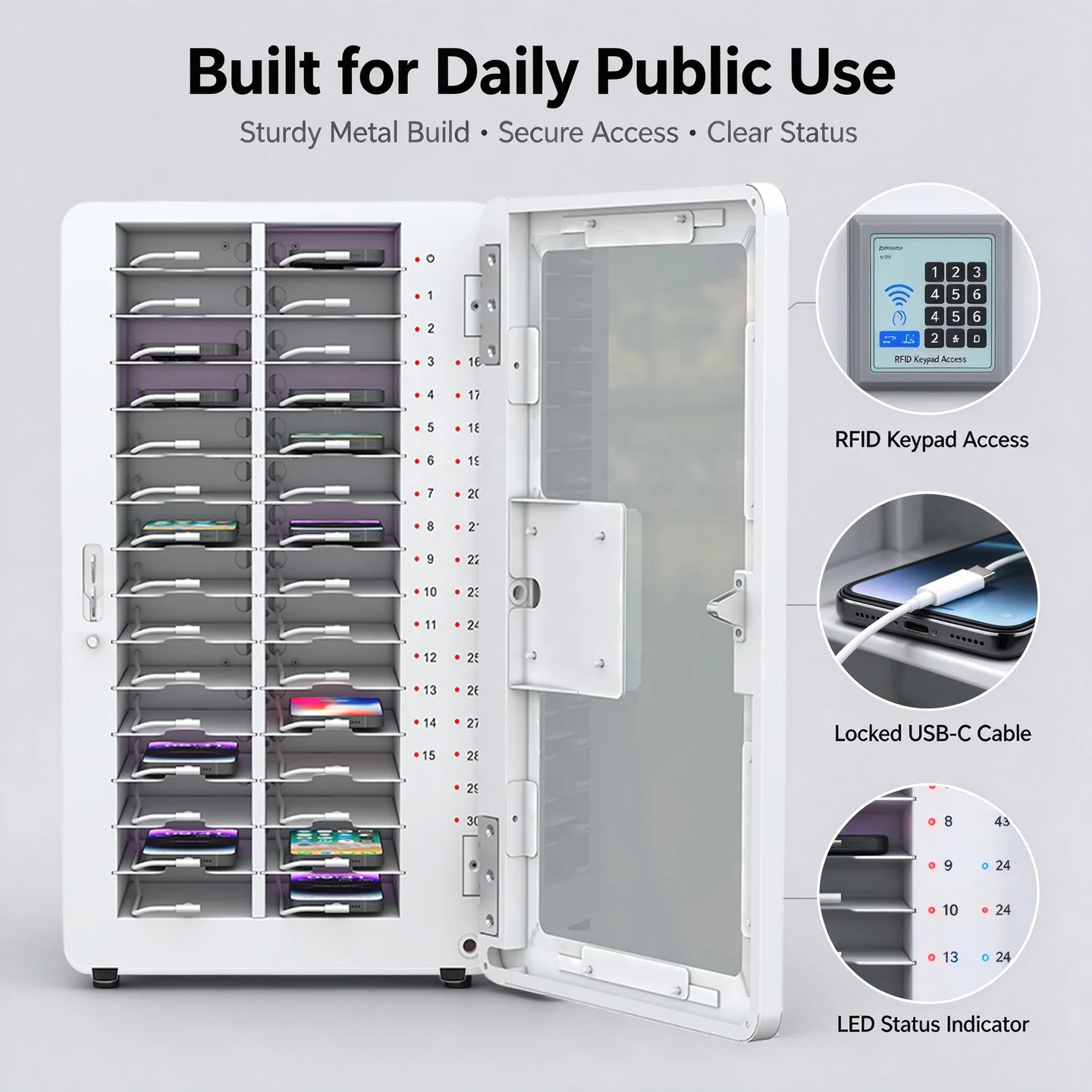 Smart 30 Bay USB-C PD Phone Storage Charging Locker NFC Password Wall Mount Charging Cabinet for Library Community Service Area