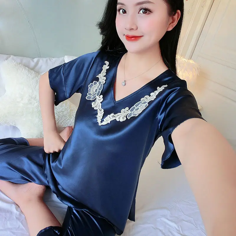 Summertime Suit Ice Silk Pajamas Ms. Large Size Sex Appeal Two-piece Suit Fashion New Style Silk Loungewear  Pjamas for Women