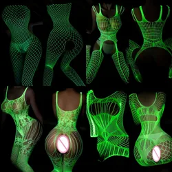 4 Styles Hollow Out Luminous Bodysuits Glow In The Dark Crotchless Tights Plus Size Elastic Mesh Body Stockings Sluty Underwear