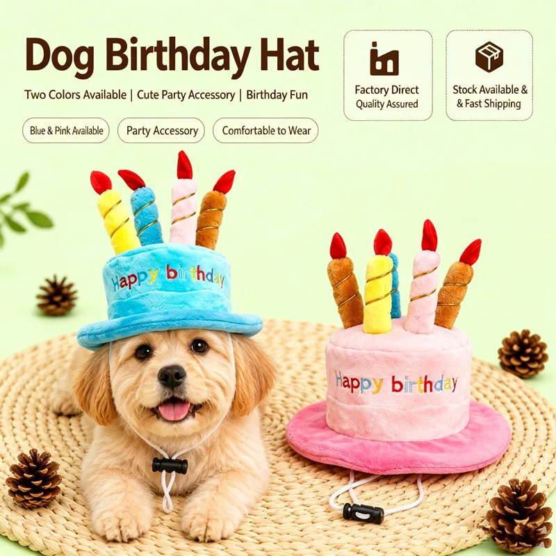 Happy Birthday Pet Hat Plush Cake Shape Dog Cap with Candles Adjustable Pet Party Decor for Puppy Kitty Birthday Celebration