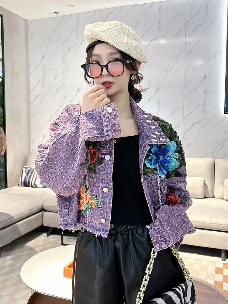 

Streetwear Fashion Embroidery Flower Pocket Purple Denim Jacket Women Loose Short Cowboy Outwear Hem Frayed Jeans Jacket Female