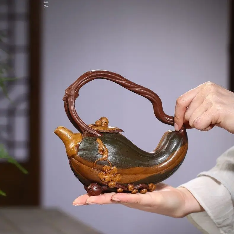 Zisha pot raw ore red mud pulp pumpkin lifting beampot bionic device Zisha teapot Yuzhongsha teaset factory wholesale