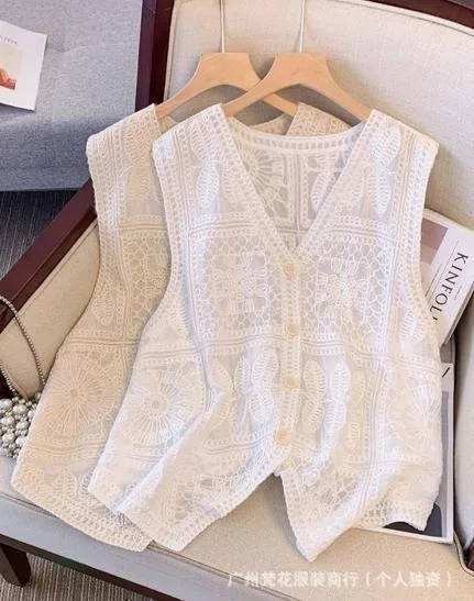New 2026 Spring Summer Women's Knitted Vest Hollow out V-Neck Sleeveless Layering Flower Embroidery Short Basic Style Cotton ...