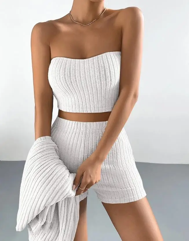 Bandeau Short Top Paired with Cardigan 2023 New Fashion Hot Selling Women's 1-Piece Shorts Set (Paired with Cardigan)