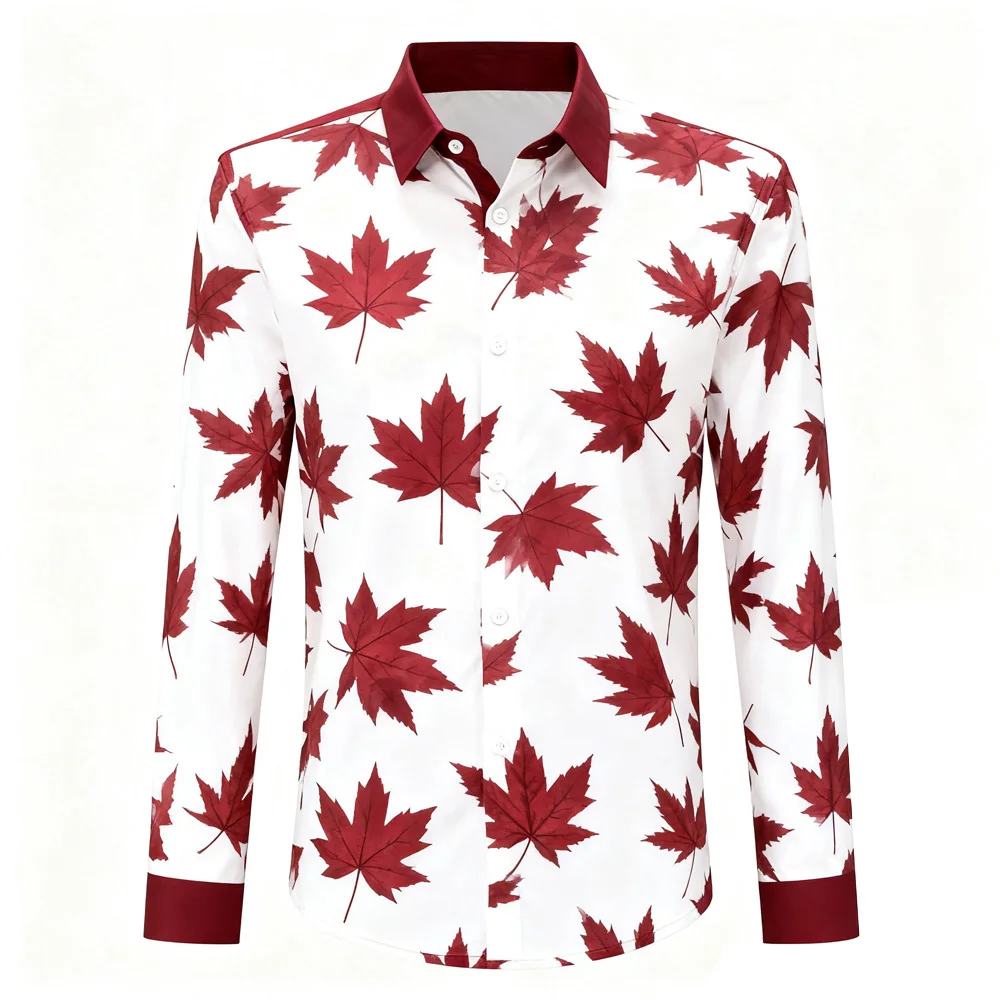 

New Men's Plant Leaf Red Maple Leaf Printed Shirt Long Sleeve Lapel Button Business Casual Formal Top Designer Luxury Clothing
