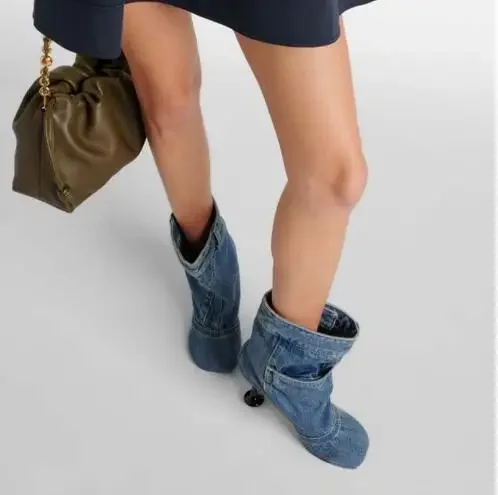 New Girls Blue Jeans Denim Round Toe Thin Heels Loose Calf Mid-calf Boots Women Fashion Patchwork Short Pants Boots Size 43