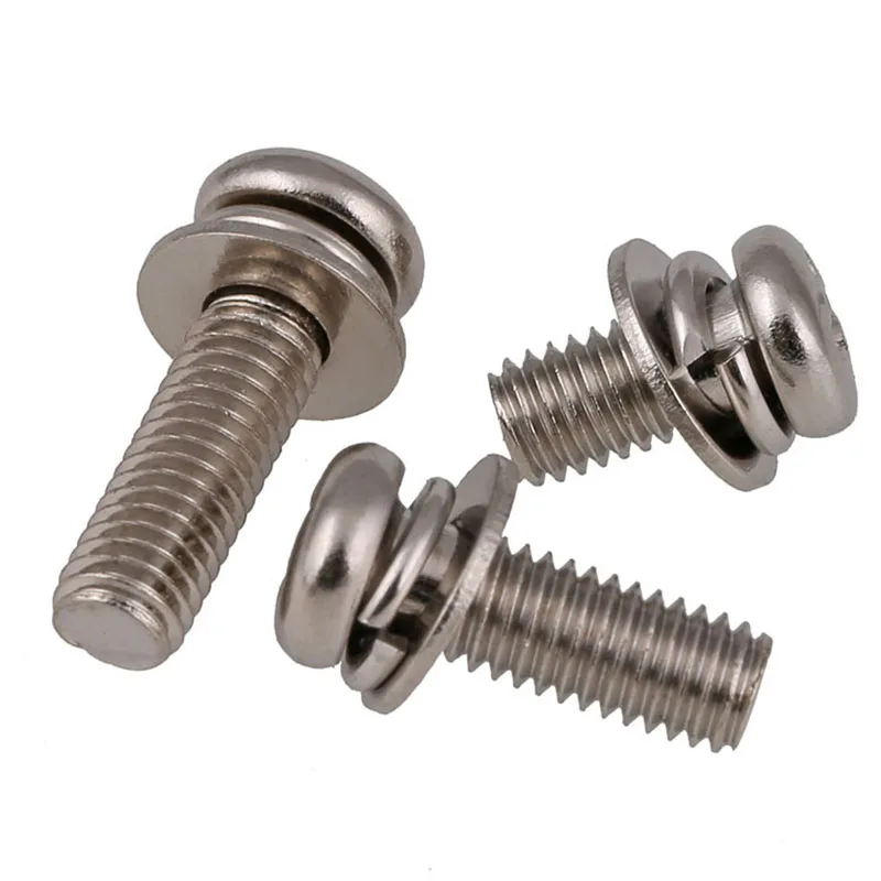 Nickel Plated Cross Round Head Screw Flat Washer Spring Gasket Bolt Assembly M2 M2.5 to M6 Sizes for Hardware And Tools