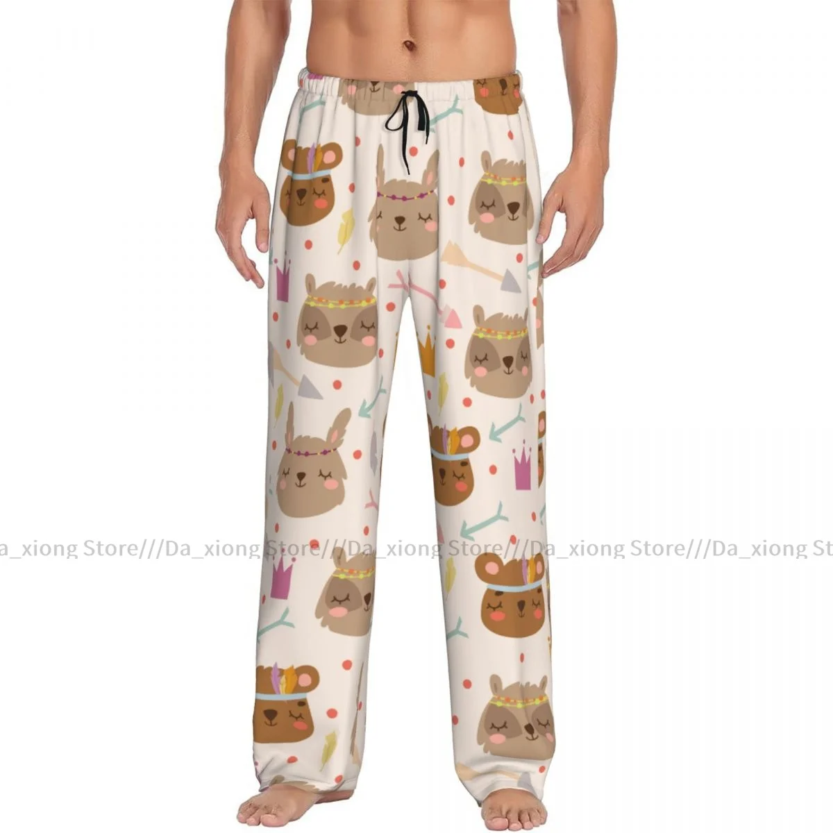 Mens Casual Pajama Long Pant Loose Elastic Waistband Bunnies Bears Arrows Boho Style Cozy Sleepwear Home Lounge Pants