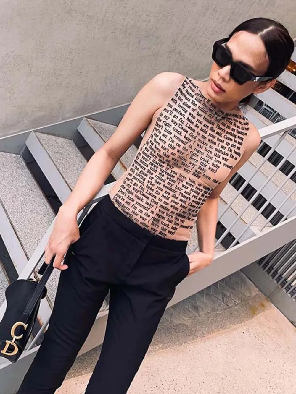 Moda trendy colletto tondo senza maniche canotta in rete articolo sexy stampa slim casual top donna pantaloni a vita bassa