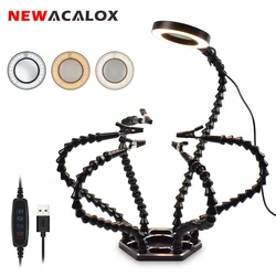 NEWACALOX Third Hand Soldering PCB Holder Tool 3X USB LED Magnifier Welding Helping Hands Crafts Repair Helping Welding Station