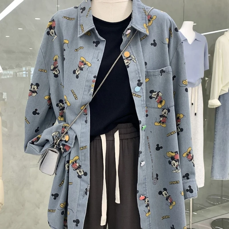 

Women's High-Quality Soft Denim Shirt Jacket - Spring Full Mickey Cartoon Print Loose Mid-Length Age-Reducing Fashion Coat