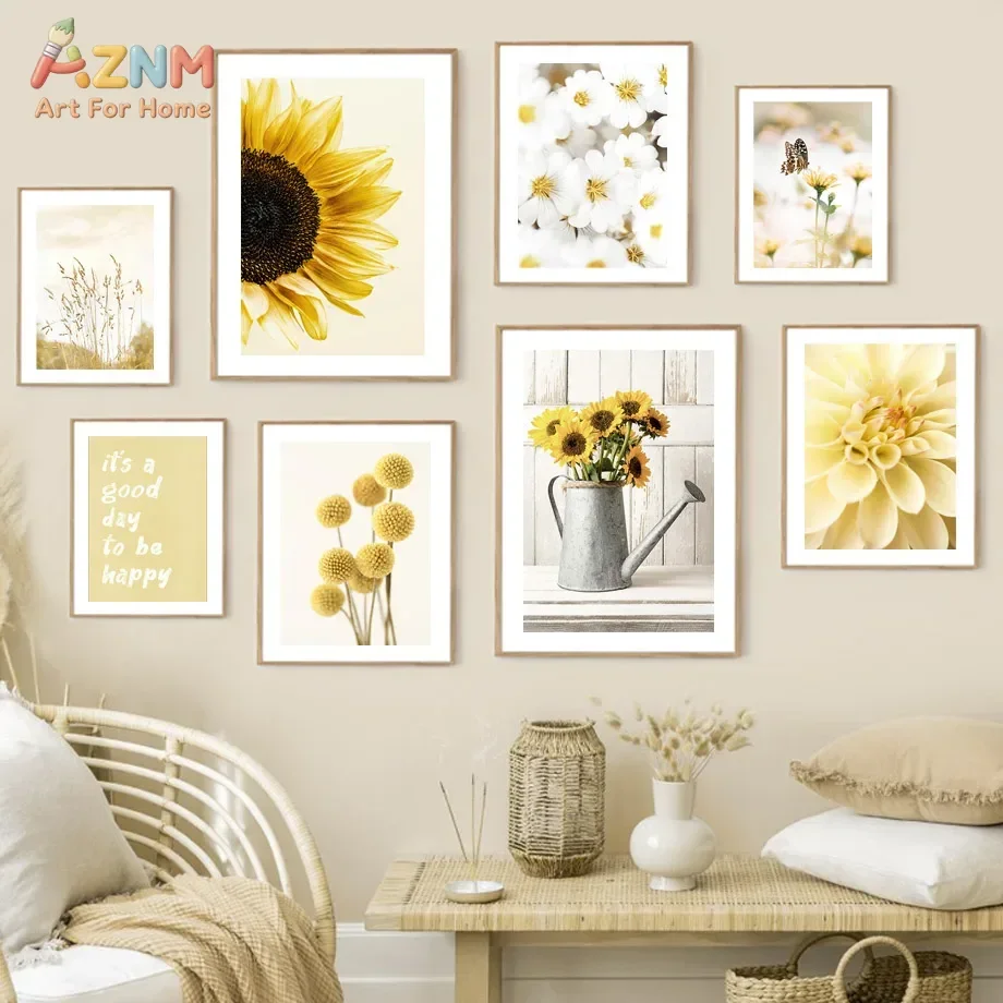AZNM Yellow Sunflower Floral Positive Quote Unframed Canvas Wall Art Warm Tone Botanical Print for Living Room Bedroom Home Deco