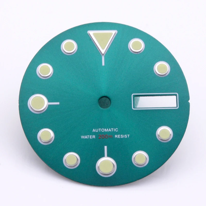 NH35 Dail Green Luminoso Esfera de 28,5 mm con marcadores de gotas de agua Se adapta a la caja NH35 Movimiento 7S26 Turtle Abalone SKX007 Reloj para hombre