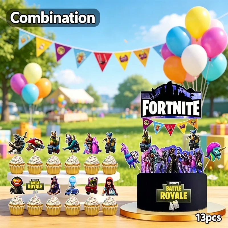 Fortnight Kombinations-Kuchenflaggen-Cupcake-Muster Geburtstagsparty-Deko Festliche Dessert-Topper Versammlungs-Ornament Deko-Geschenkset