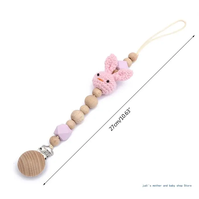 67JC Baby Pacifier Clip Nursing Soother Holder Wooden Beads Crochet Rabbit Teether Chain Clip DIY Nipple Holder Leash