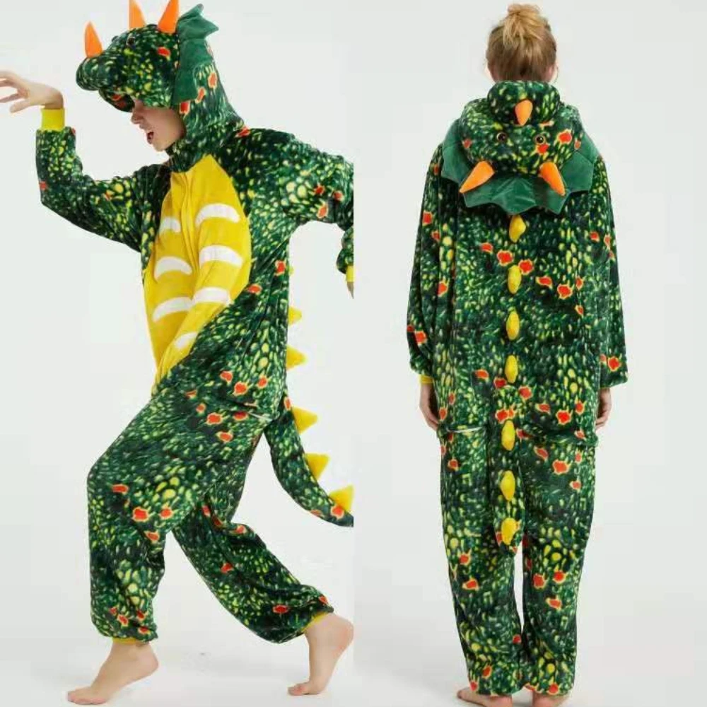 Volwassen Dieren Pyjama Warme Nachtkleding Zachte Pluche Groene Dragon Onesies Jumpsuit Een Stuk Halloween Cosplay Homewear Anime Kostuum