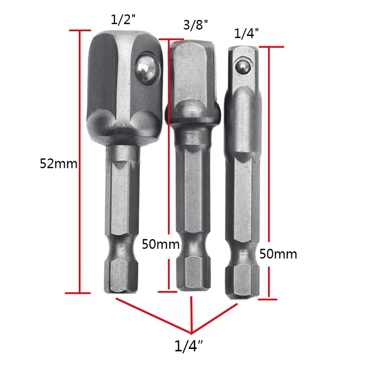 3pcs/set Vanadium Steel Socket Adapter Woodworking Hex Shank To 1/4