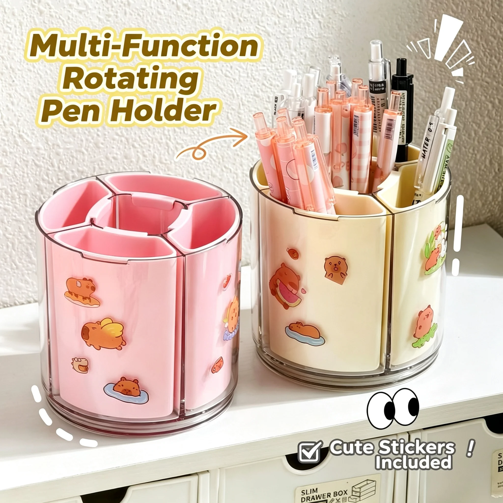 Capybara Cute Cartoon Rotating Pen Holder Large Capacity Detachable Compartments Desktop Organizer For Student Back