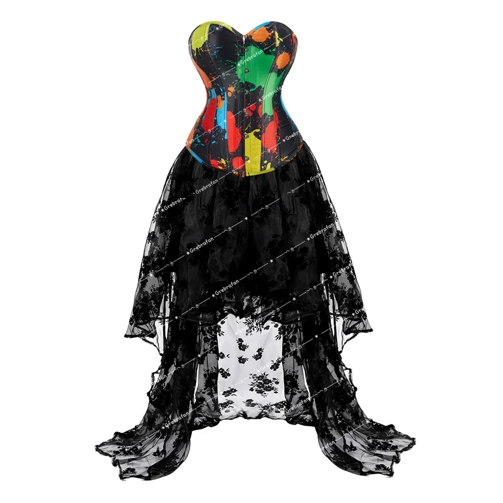 Women's Steampunk Corset Skirts Victorian Style Printed Bustier Gothic Corsets Skirt Burlesque Outfits Party Costume Halloween