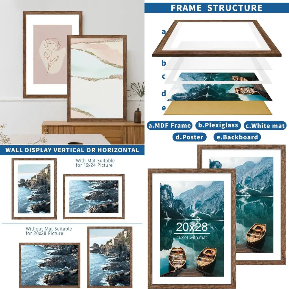 

Pair of 20x28 Rustic Black Wood Picture Frames for 16x24 Photos with Mat or 20x28 Posters without Mat, Wall-Mountable in Both Or