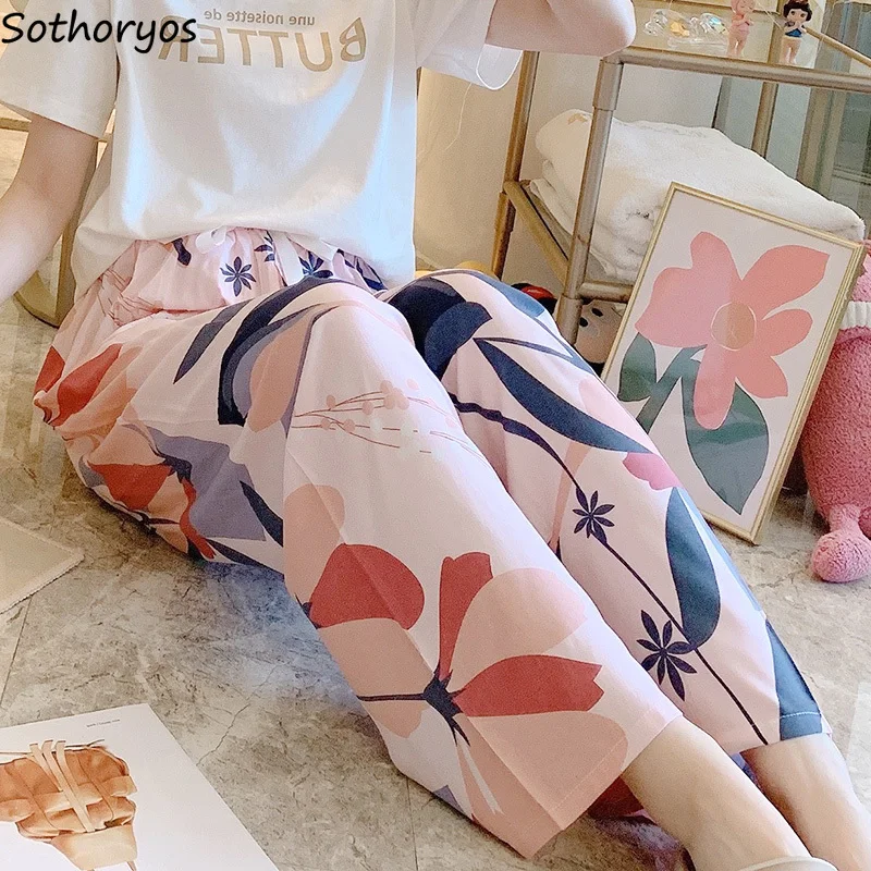 

Women Sleep Bottoms Elastic Waist Ankle-length Korean Style Printed Bow Sweet Fresh Summer Sleepwear Lady Pants Colorful Leisure