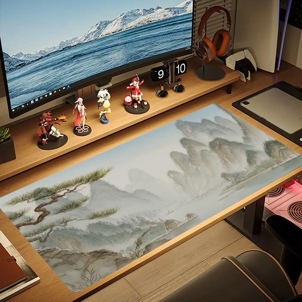 Oriental Ink Pine Mountain Mist Island XXL Mousepad Non-Slip Rubber Keyboard Deskmat Chinese Golden Landscape Pc Gaming Mat
