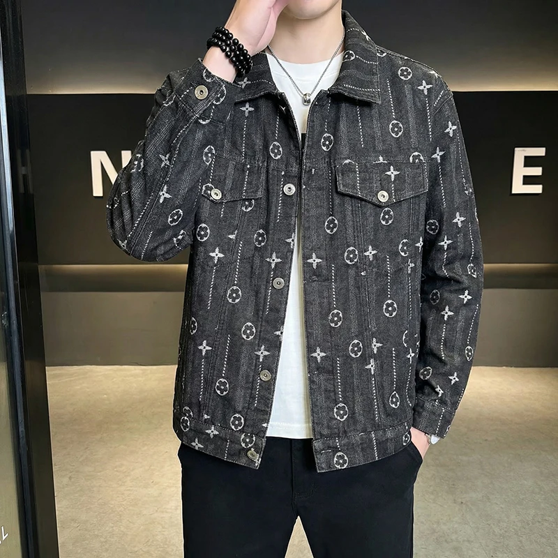 Men's Flip collar Denim jacket man versatile Fashion Single breasted retro jacket Men Windbreaker Casual coats size L-4XL