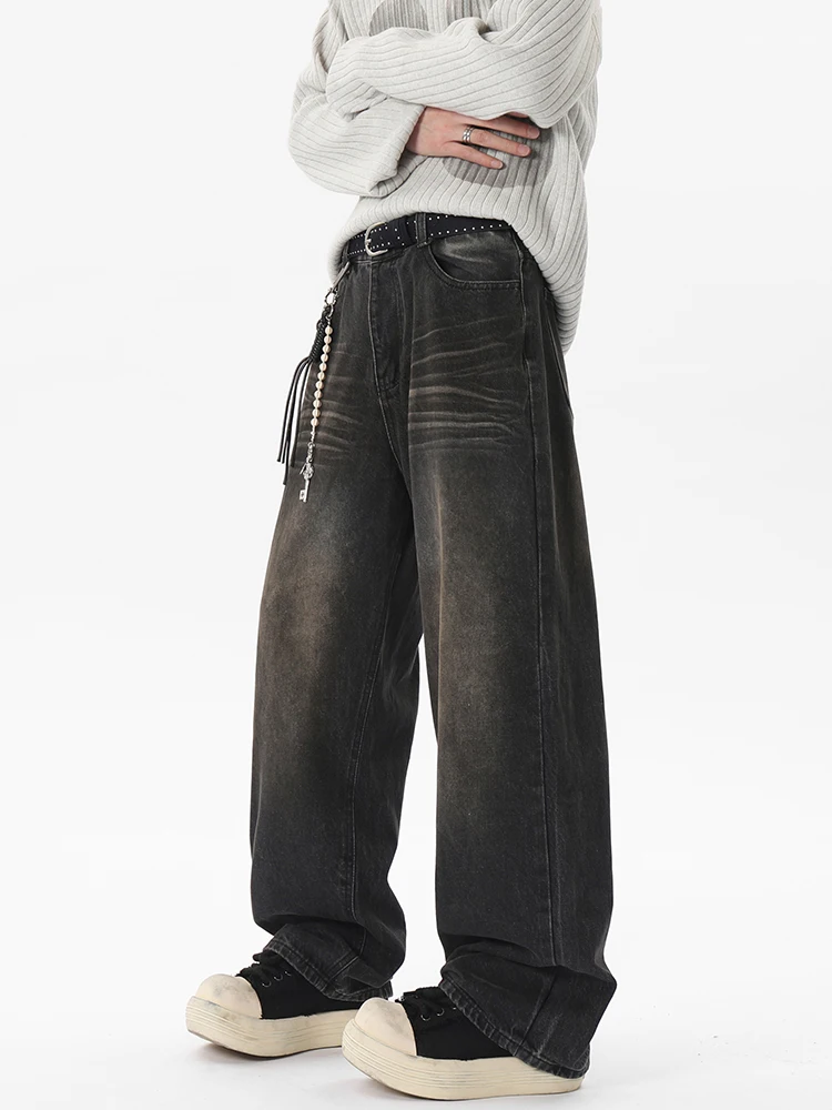 Bla مستقيم الساق الرجال الجينز فضفاض عارضة السراويل الطويلة ربيع الخريف الأمريكية الرجعية شارع العليا ثنى واسعة الساق الدنيم السراويل