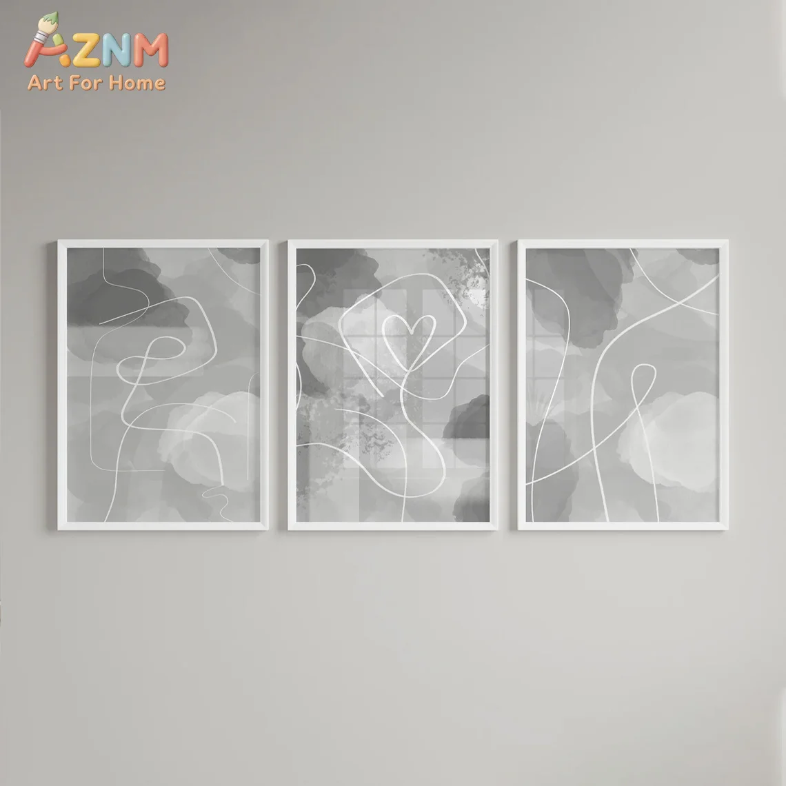 3pcsAZNM Grey Abstract Watercolor Line Art Canvas Wall Art, Modern Minimalist White Heart Line Drawing Unframed Canvas Painting