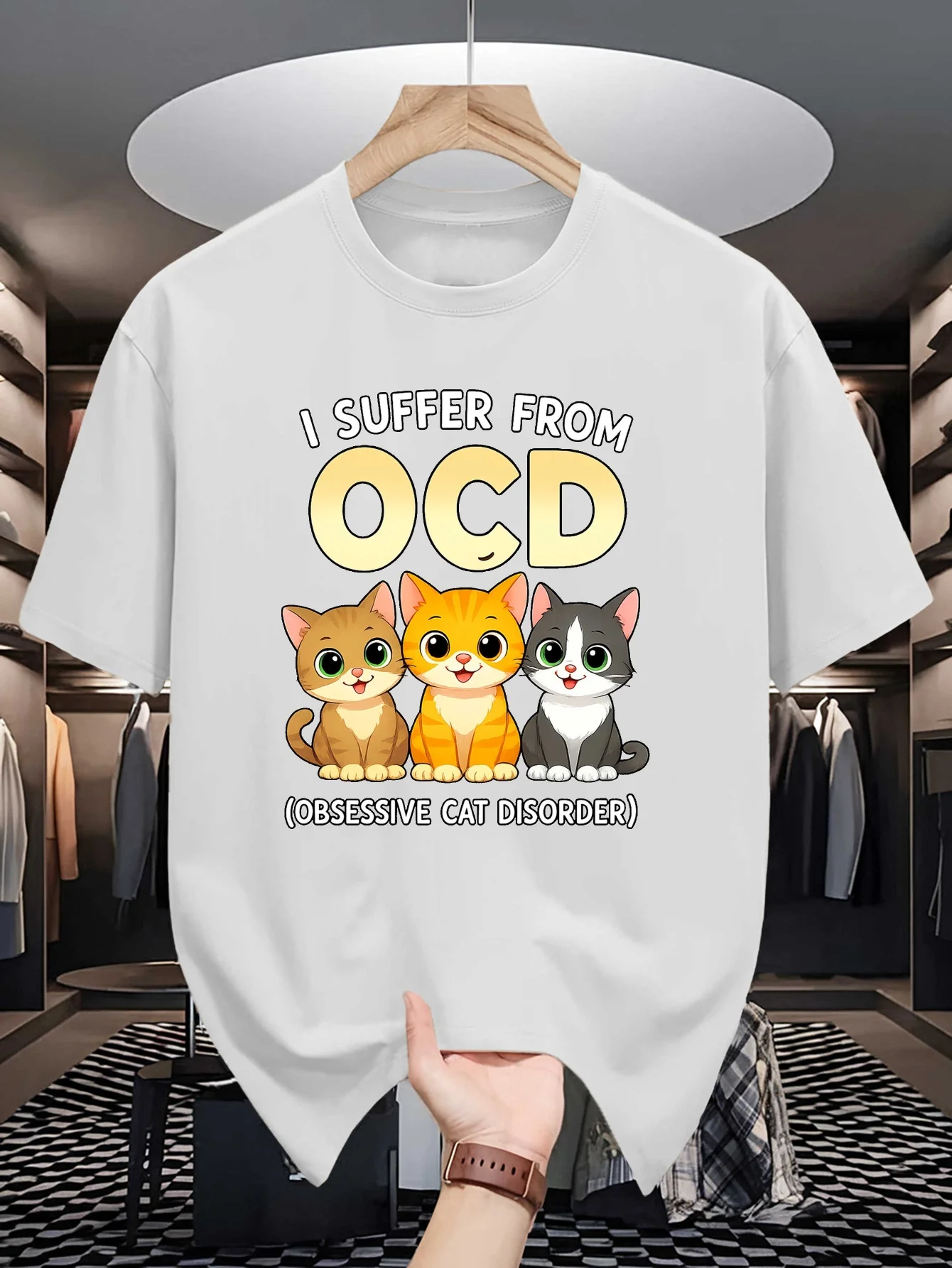 Mens Crew Neck T Shirt OCD Obsessive Cat Disorder Cute Kittens Graphic Short Sleeve Casual Cotton Cat Lover Streetwear Tees