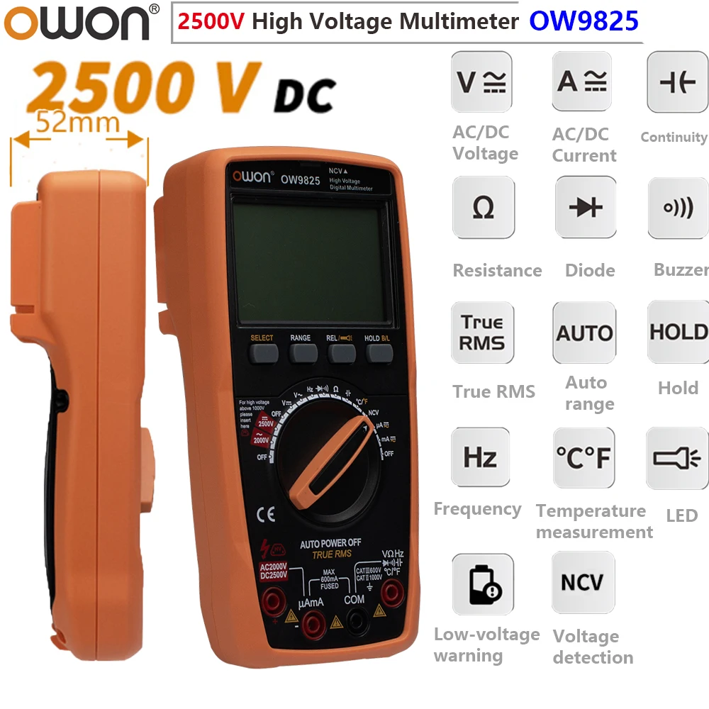  Owon OW9800 Series NCV High Voltage Multimeter 6000 Count, DCV 600mV - 2500V Photovoltaic Energy Storage Industrial Multimeter